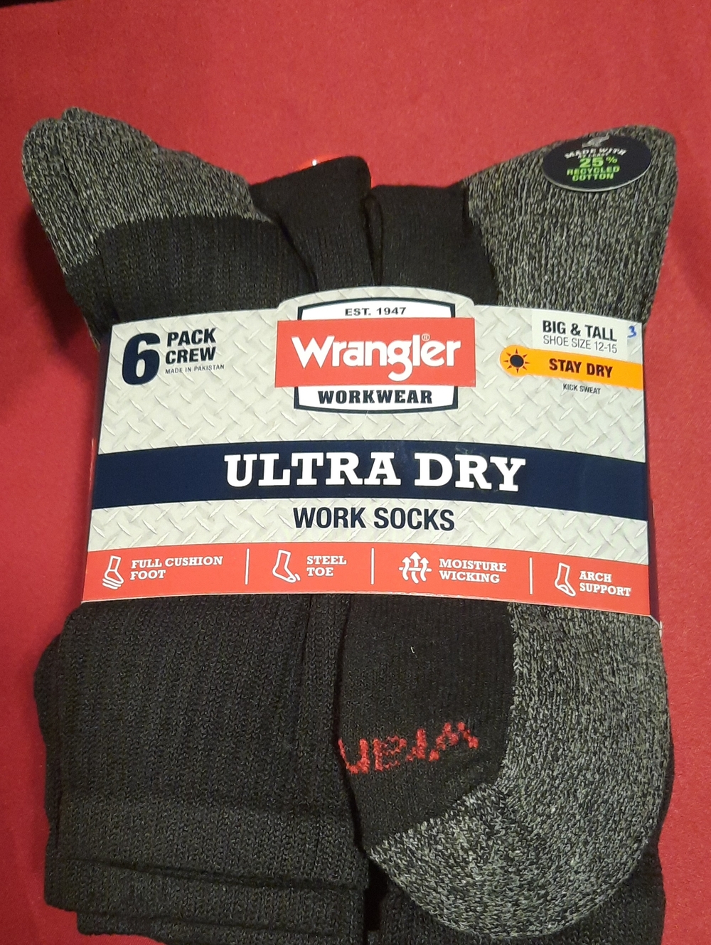 Wrangler Ultra Dry Crew Work Socks - 6 Pack Shoe Size 12-15 For Steel Toe